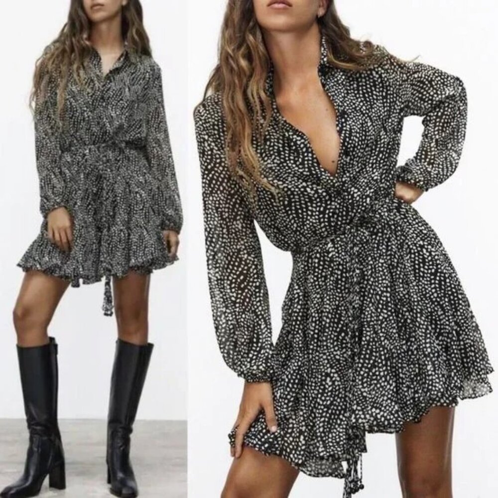 Zara Printed Mini Shirt Dress S Black White Polka Dot Flared Skirt